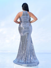 Plus Glitter Floral Slit Thigh Sleevelss Prom Dress